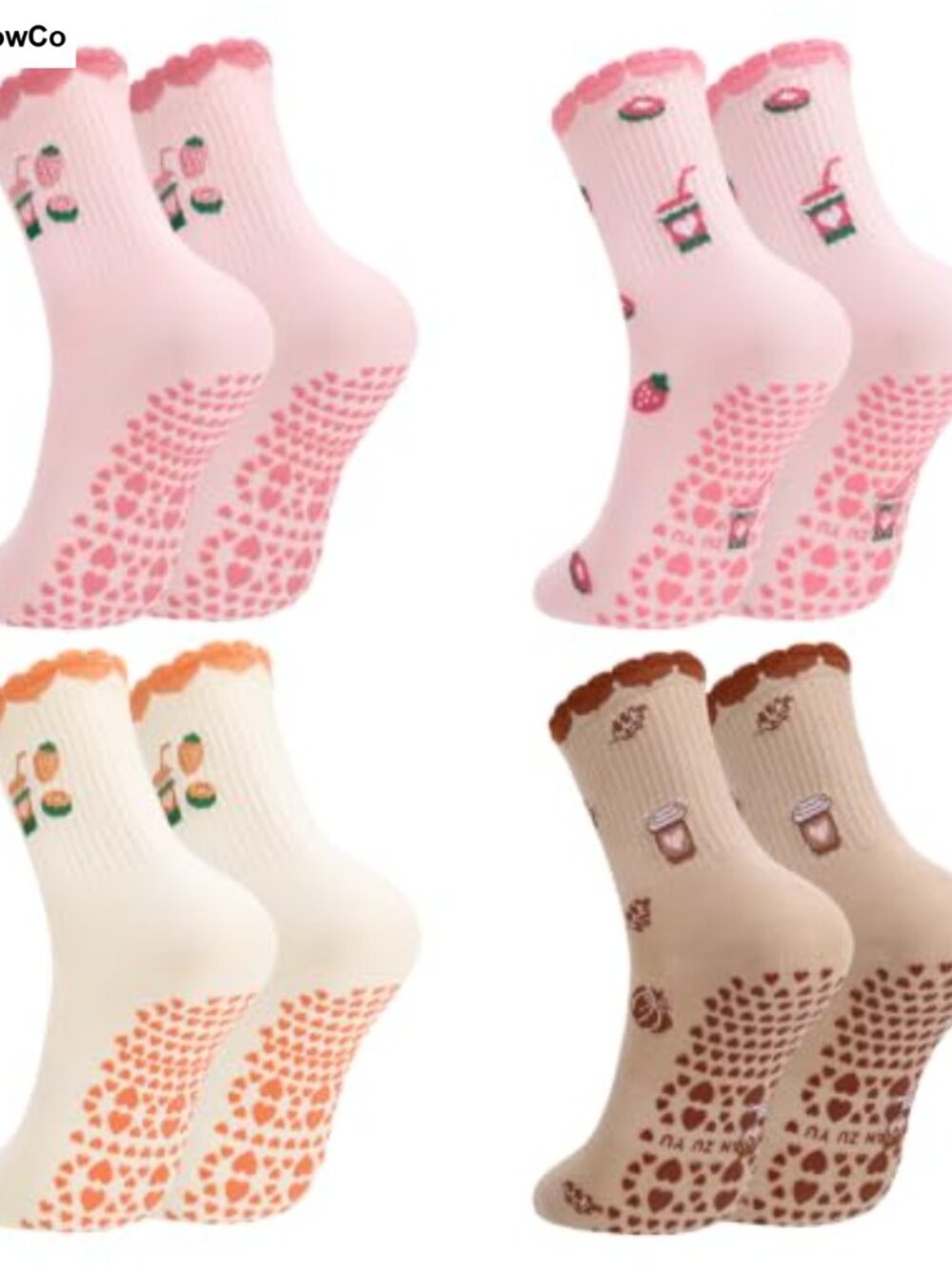 4 Pairs Cotton Blend Pilates Socks with Grip for Women Lace Trim